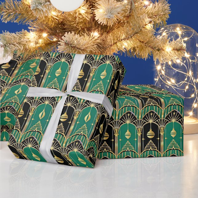 Emerald and Black Art Deco Holiday Pattern Presentpapper (Helgdagar)