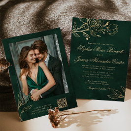 Emerald and Gold Elegant Botanical Photo Wedding Inbjudningar