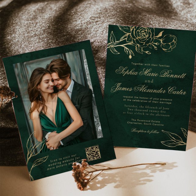 Emerald and Gold Elegant Botanical Photo Wedding Inbjudningar (Skapare uppladdad)