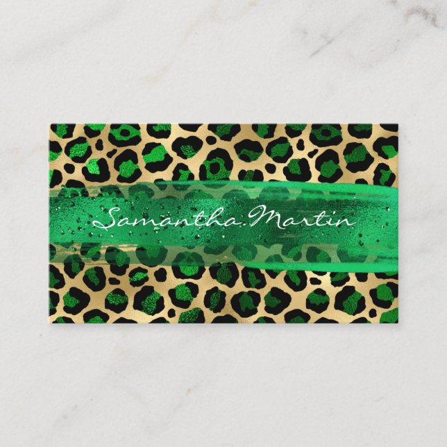 Emerald and Gold Foil Leopard Brush Stroke Visitkort (Framsida)