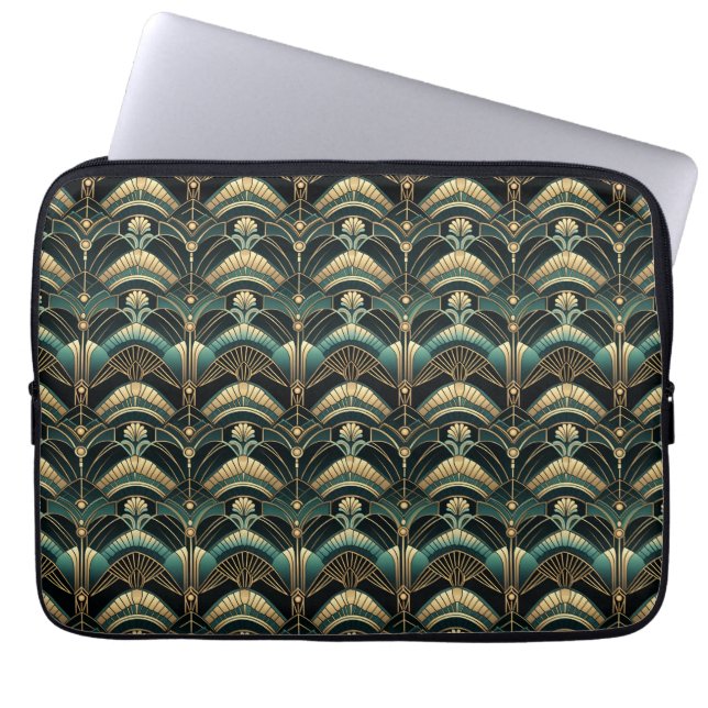 Emerald and Guld Art Deco Thmet Laptop Fodral (Framsidan)