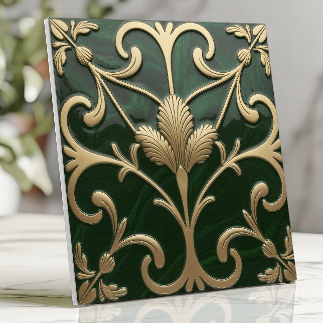 Emerald and Guld Art nouveau Blommigt Kakelplatta (Skapare uppladdad)