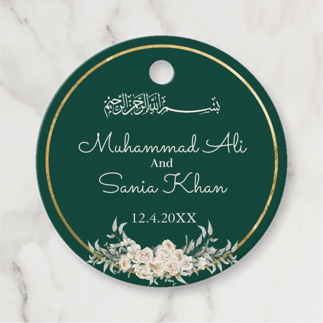 Emerald and Guld Blommigt Islamic Muslim Bröllop Gåvor Etiketter (Framsida)