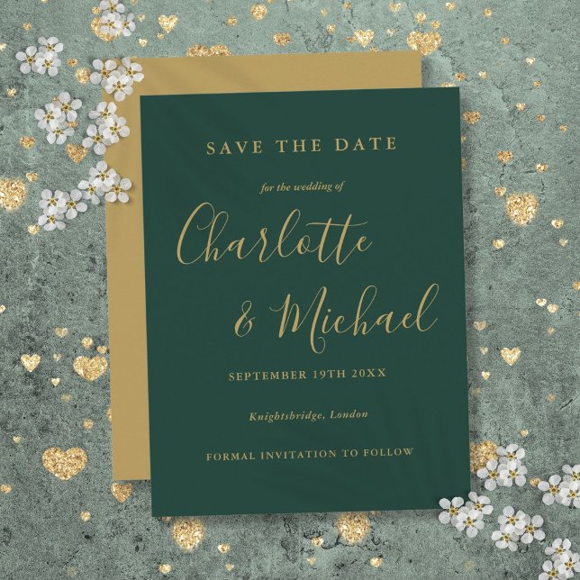 Emerald and Guld Bröllop spara datum-skriptkort Vykort (Emerald And Gold Script Wedding Save the Date Card)