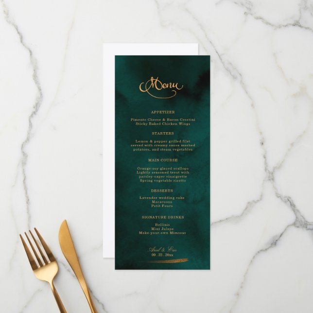 Emerald and Guld Calligraphy Elegant bröllop Menu Meny (Fram/Back In Situ)