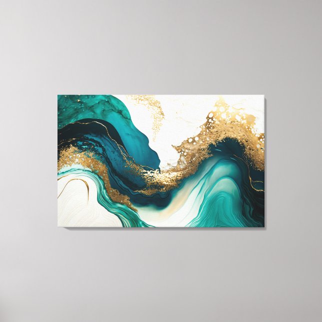 Emerald and Guld Marble Abstrakt Fluid Art Canvastryck (Framsida)