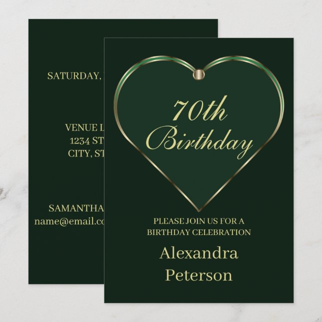 Emerald and Guld minimalist Heart Birday Inbjudningar (Fram/baksida)