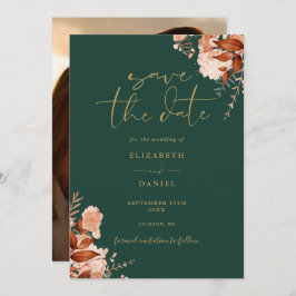 Emerald and Guld Rustic Blommigt Photo Fall Weddin Spara Datumet