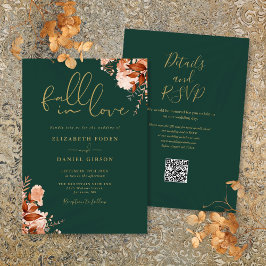 Emerald and Guld Rustic Blommigt QR Code Bröllop Inbjudningar