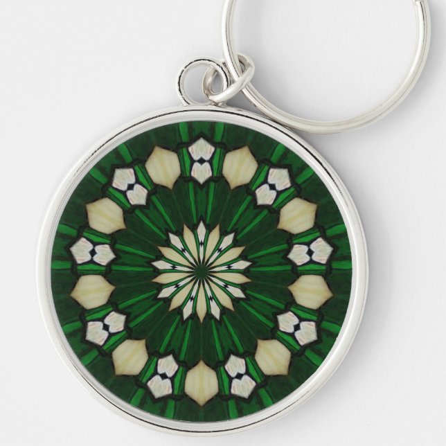 Emerald and Ivory Glass Keychain Rund Silverfärgad Nyckelring (Framsidan)