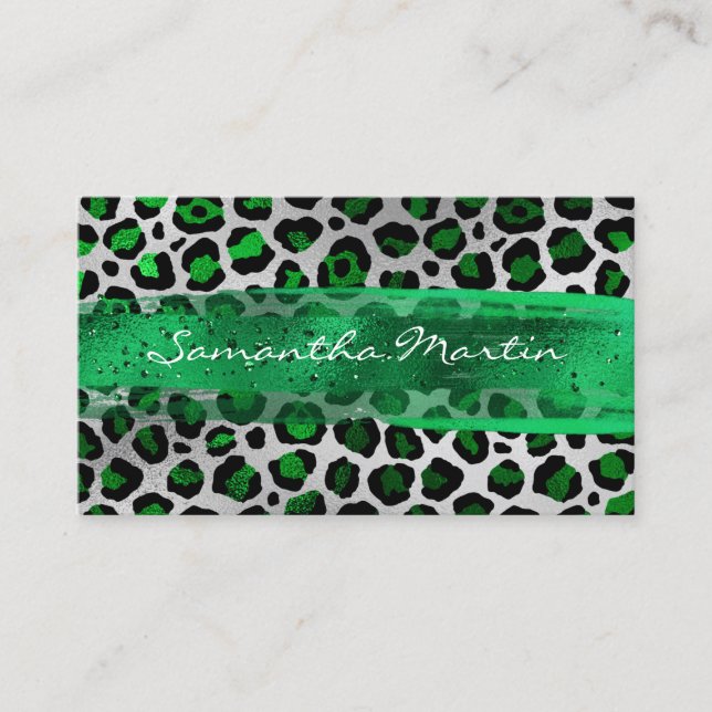 Emerald and Silver Foil Leopard Brush Stroke Visitkort (Framsida)