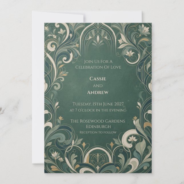 Emerald Art Deco Botanisk Bröllop Inbjudningar (Framsida)