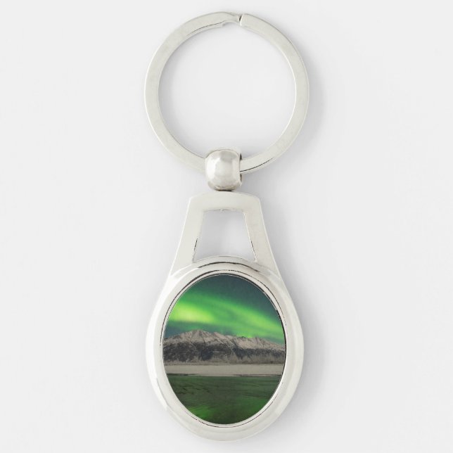 Emerald Aurora Ovalt Silverfärgad Nyckelring (Framsidan)