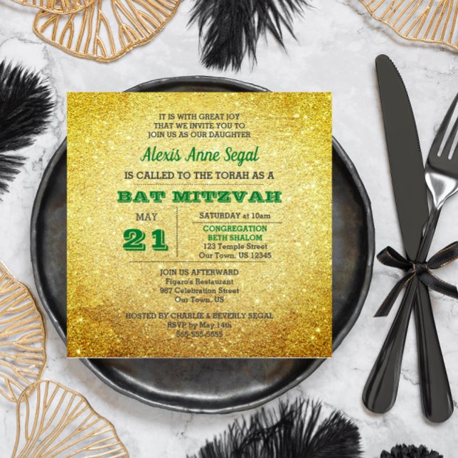 Emerald Birthstone Glitter Glam Bat mitzvah Inbjudningar (Skapare uppladdad)