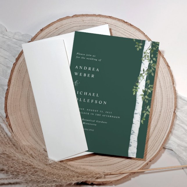 Emerald Björkträd Aspen Grönska Bröllop Inbjudningar (Birch tree wedding invitations - emerald green)