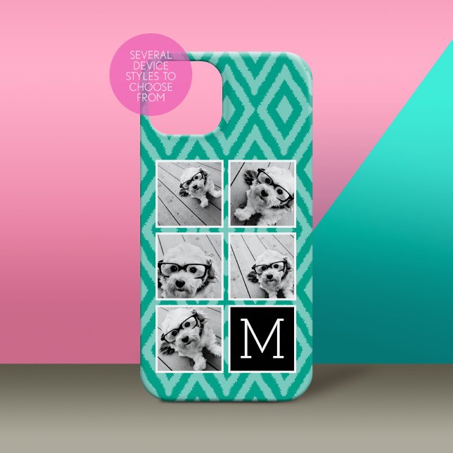 Emerald & Black Instagram 5 Photo Collage Monogram (Personalized Phone Case with Custom Photos and Text - Pick Your Device Style)
