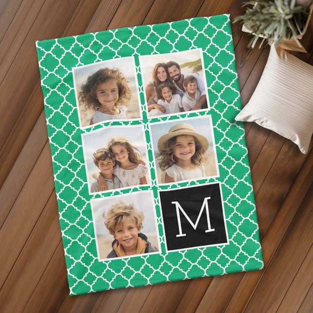 Emerald Black Instagram 5 Photo Collage Monogram Fleecefilt (Personalized fleece blanket with 5 photos and a monogram)