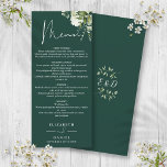 Emerald Blommigt Greenery Monogram Bröllop Middag Meny<br><div class="desc">Den här eleganten visar att menyn för botaniska gröna löv i bröllop kan vara personlig med dina uppgifter i chic typografi med initialer i monogrammet på motsatt sida. Designad av Thisisnotme©</div>