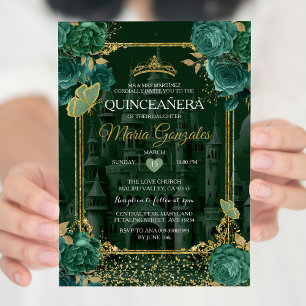 Emerald Blommigt Grönt Quinceañera Butterfly Inbjudningar