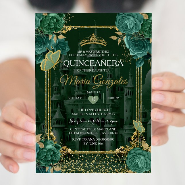 Emerald Blommigt Grönt Quinceañera Butterfly Inbjudningar (Skapare uppladdad)