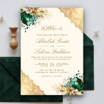 Emerald Blommigt Guld Snöre Cream Muslim Bröllop Inbjudningar<br><div class="desc">Akta dina gäster med den här eleganten islamiska bröllopsinbjudan med vackra blommor från grönten och intrikat snöre med modern typografi. Lägg bara till din händelseinformation i den här mallen som är enkel att använda för att göra den till en inbjudan av typen en.</div>