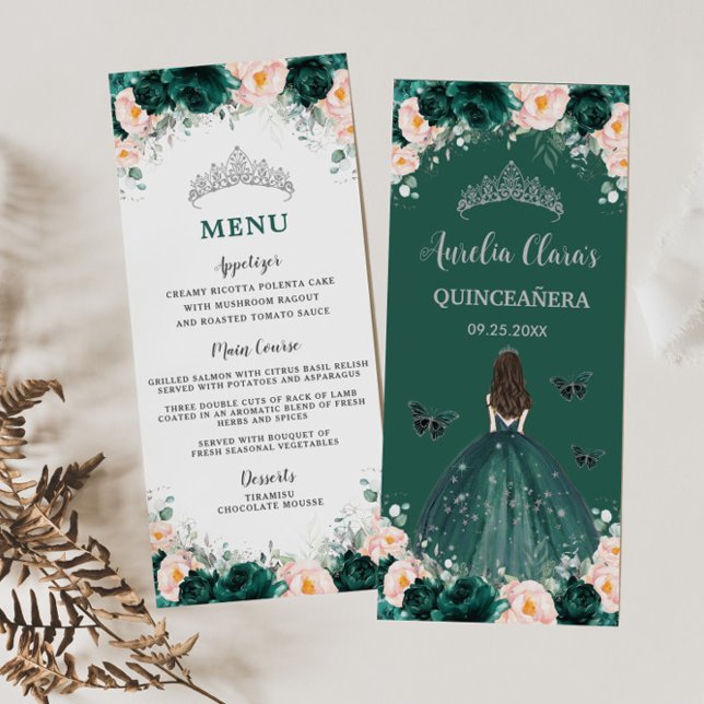 Emerald  Blommigt Princess Quinceañera Menu Program (Skapare uppladdad)