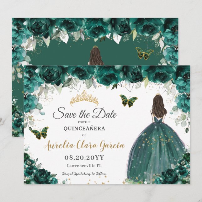 Emerald Blommigt Princess Quinceañera Spara datum Datumet (Fram/baksida)