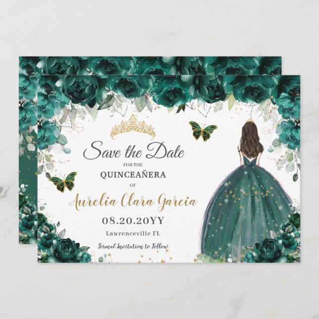 Emerald Blommigt Princess Quinceañera Spara datum Spara Datumet (Fram/baksida)