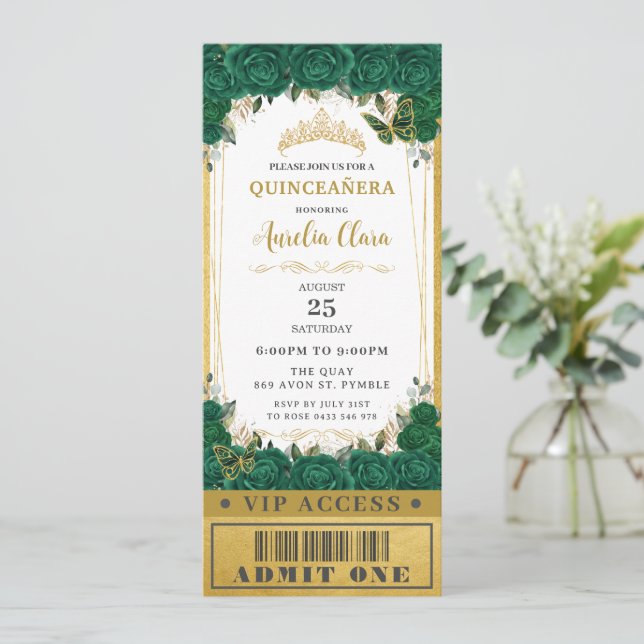 Emerald Blommigt Quinceañera Sweet 16 VIP Biljett Inbjudningar (Stående Fram)