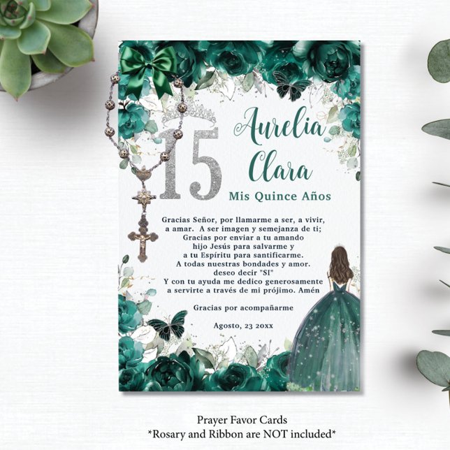 Emerald Blommigt Silver Quinceañera 15 Prayer Card Tilläggskort (Skapare uppladdad)