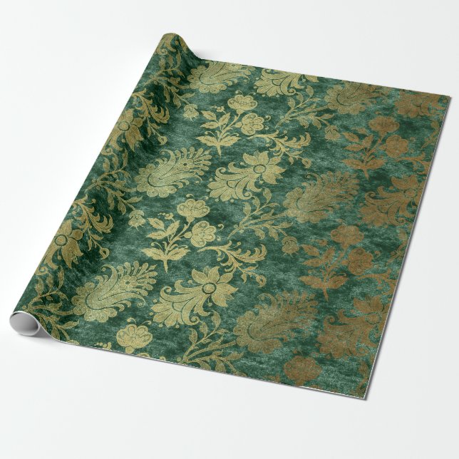 Emerald Blommigt Velvet Damask Presentpapper (Utrullad)