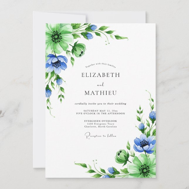 Emerald Blue Botanical Spring Wedding Inbjudningar (Framsida)