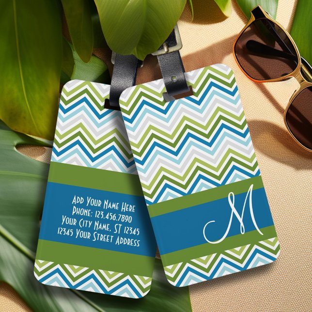 Emerald & Blue Chevron Mönster med Monogram Bagagebricka (Personalized luggage tag - Add Your contact information and monogram)