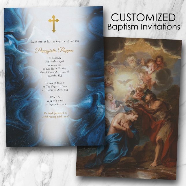 Emerald Blue Marble Christian Baptism Inbjudningar (Emerald Blue Marble Orthodox Christian Baptism Invitation)