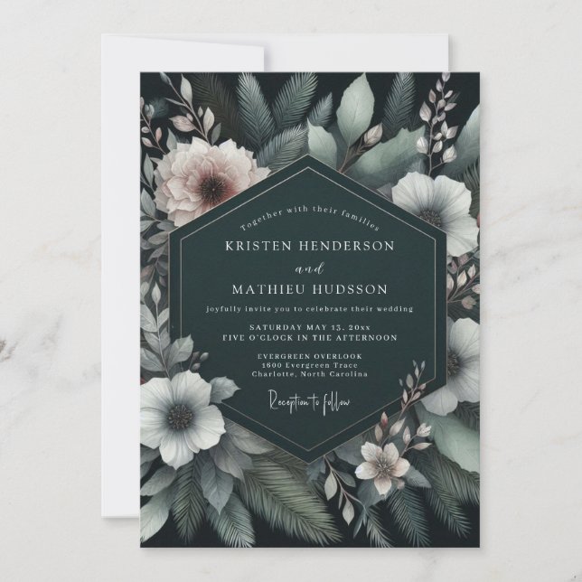Emerald Blush Moody Flora Wedding Inbjudningar (Framsida)