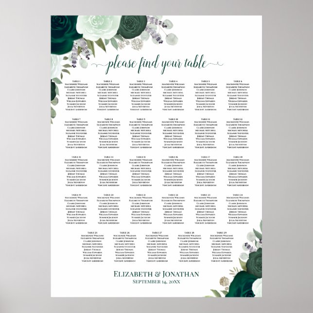 Emerald Boho Blommig Bordplacering för 29 Bord för Poster (Framsidan)