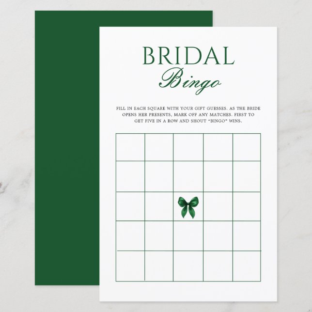 Emerald Bow Bridal Shower Bingo Game (Fram/baksida)