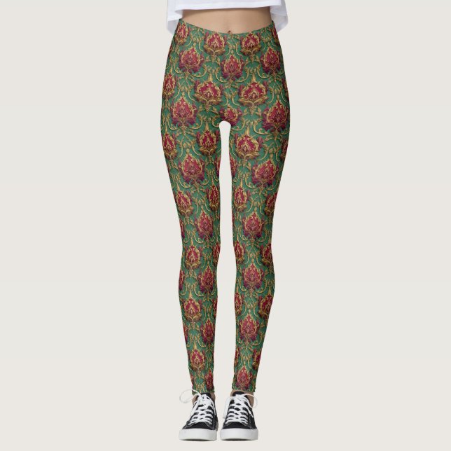 Emerald Burgunder Barock Damast Leggings (Framsida)