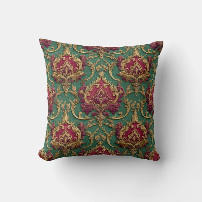 Emerald Burgundy Barock Damast Kudde (Framsida)