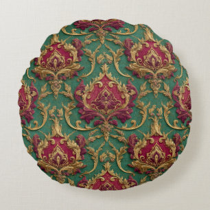 Emerald Burgundy Barock Damast Rund Kudde