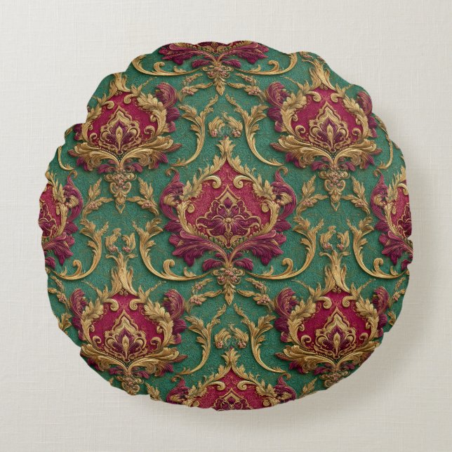 Emerald Burgundy Baroque Damask Rund Kudde (Framsidan)