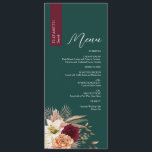 Emerald Burgundy Bröllop Menu med Namn Meny<br><div class="desc">Lägg till rikens höstelegans i din bröllop-bordsmatta med den här personligen på bröllop-menyn med jewelton. Med en djup bakgrund från grönten och en dramatisk burgundisk namn-remsa visar den här blommigten romantiska , elfenbensformade och vin-färgad blommor med torkade gräs - perfekt för fall eller vinter-firande. Elegant typsnitt och en ren utformning...</div>