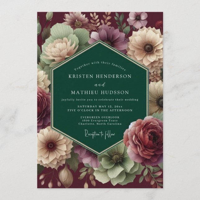 Emerald Burgundy Dramatic Bloom Wedding Inbjudningar (Framsida)