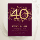 Emerald Burgundy Guld Elegant 40:e födelsedagen Inbjudningar<br><div class="desc">Elegantens burgundi-maron guld 40-dagars festinbjudan. Anpassade mörk red marsala vin-design med botaniska accenter från ro och typsnitt för skrivstil. Enkel perfekt för inbjudan-kort i blommigt för en snyggt kvinnlig dag firande. Anpassa med dina egna detaljer. Skrivna Zazzle-inbjudningar eller digital utskrivbar mall för omedelbar nedladdning.</div>
