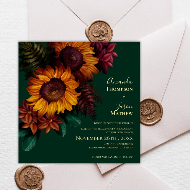 Emerald & Burnt Orange Solros Blommigt Bröllop Inbjudningar (Emerald & Burnt Orange Sunflower Floral Wedding Invitation)