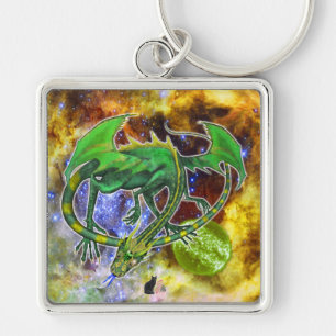 Emerald Cosmic Dragon Fyrkantig Silverfärgad Nyckelring