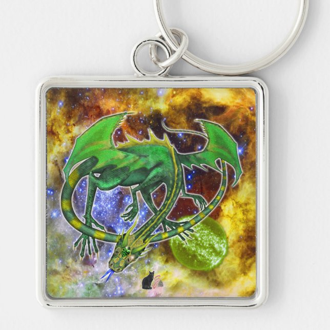 Emerald Cosmic Dragon Fyrkantig Silverfärgad Nyckelring (Framsidan)