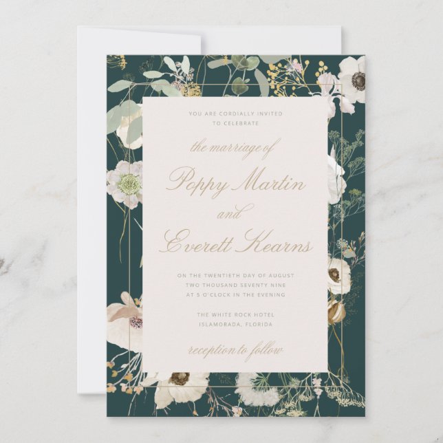 Emerald & Cream Floral Poppy Wedding Invitation Inbjudningar (Framsida)