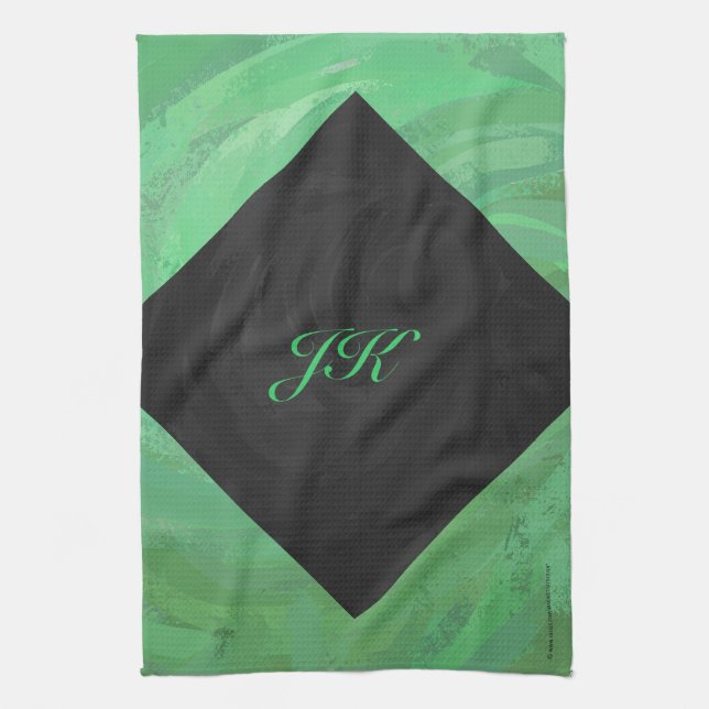 Emerald Cream och Black Monogram Kökshandduk (Vertikal)