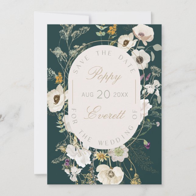 Emerald & Cream Poppy Floral Save The Date Card Spara Datumet (Framsida)